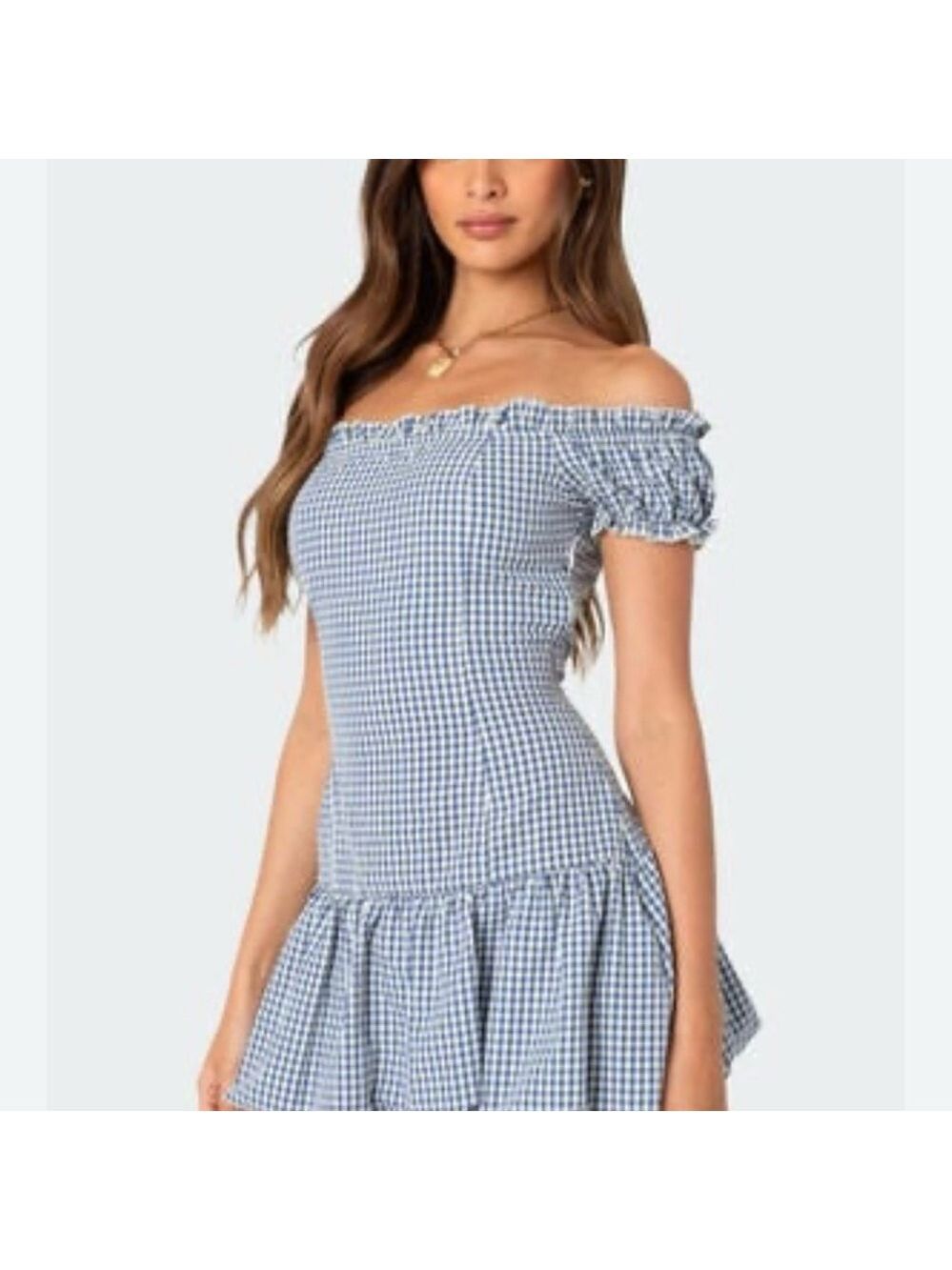 Edikted Blue Checkered Off-Shoulder Mini Dress